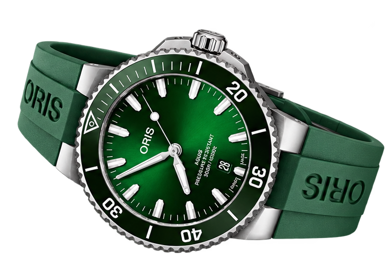 ORIS AQUIS DATE RELIEF – Automatic Stainless Steel Watch with Green Silicone Strap