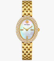 Tory Burch TBW6034 Gold-Tone Pavé Mother-of-Pearl Women’s Watch – 22 x 28mm