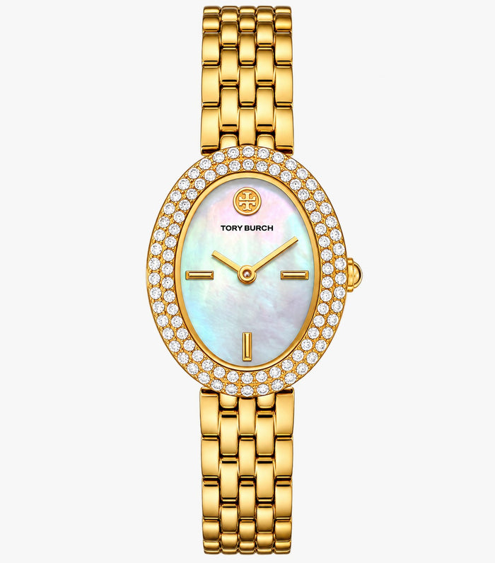 Tory Burch TBW6034 Gold-Tone Pavé Mother-of-Pearl Women’s Watch – 22 x 28mm