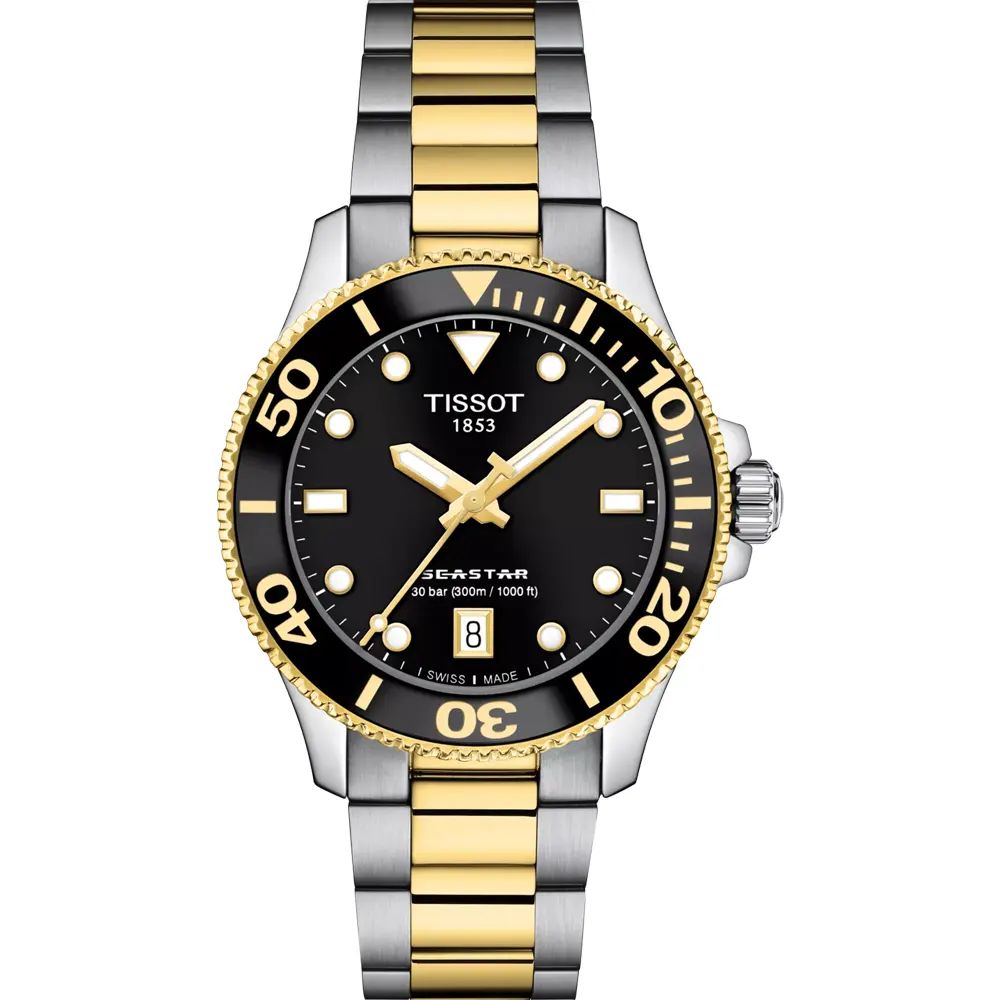 Tissot Seastar Black Dial Silver & Gold Two-Tone Quartz Watch