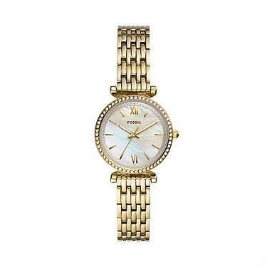 Fossil ES4735 Carlie Mini 28mm Gold-Tone Stainless Steel Watch – Mother of Pearl Dial